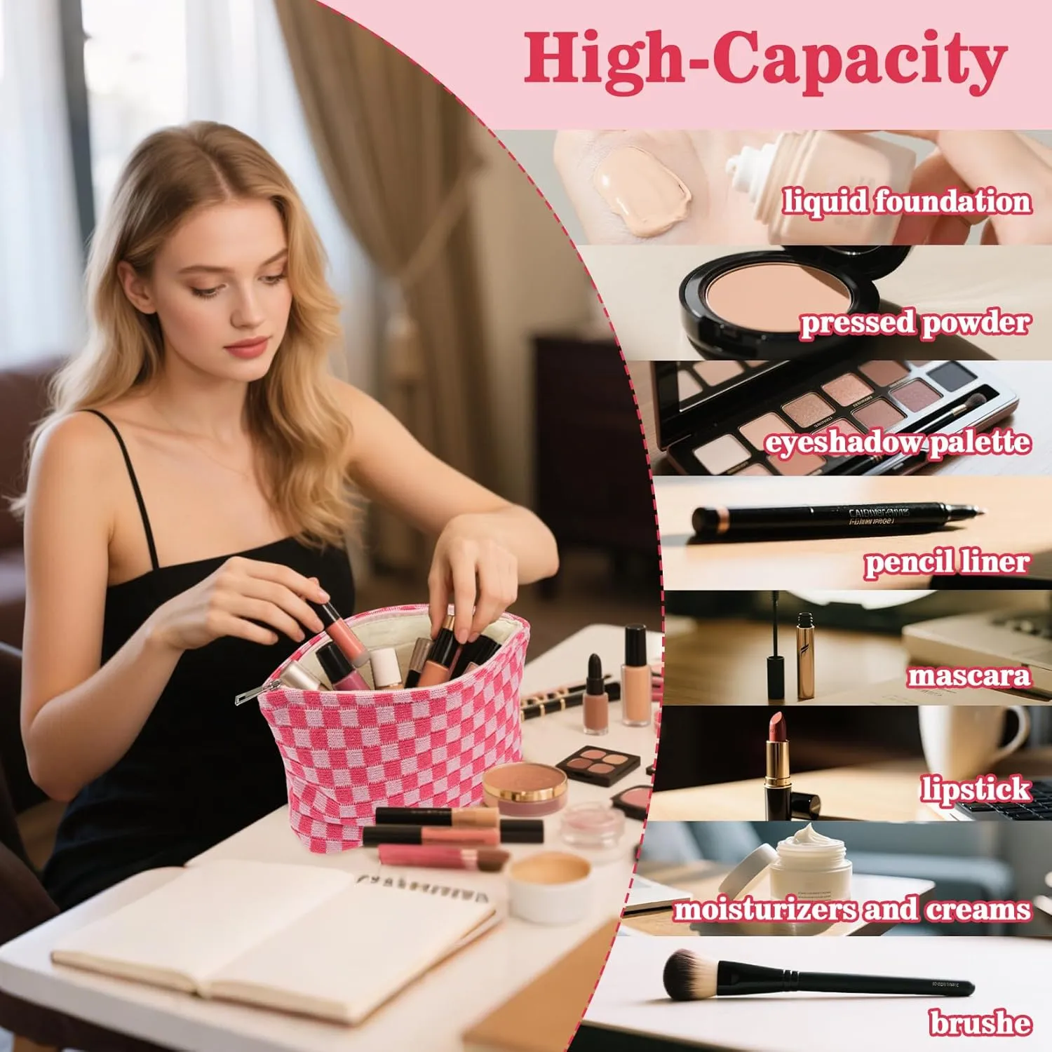 1 PACK Checkered Makeup Bag - Large Cosmetic Bag for Women, Cute Cosmetic Pouch Travel Pouches for Toiletries, Makeup Brush, Purse, Large Capacity Storage Bag, Rose Red