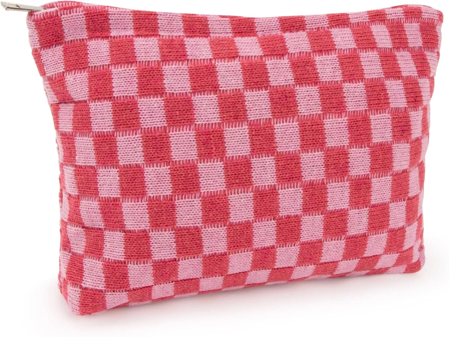 1 PACK Checkered Makeup Bag - Large Cosmetic Bag for Women, Cute Cosmetic Pouch Travel Pouches for Toiletries, Makeup Brush, Purse, Large Capacity Storage Bag, Rose Red