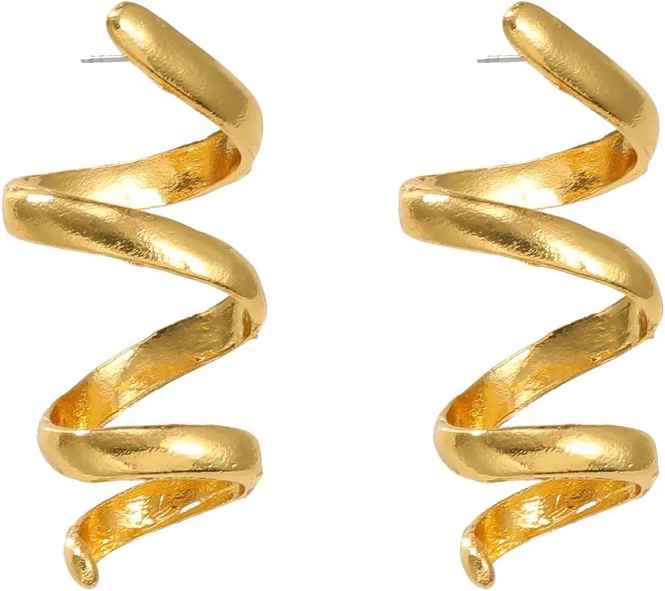 14k Gold Chunky Drop Statement Earrings for Women Geometrically Irregular Spiral Dangle Earrings Minimalist Twisted Long Metal Earrings Jewelry Gifts