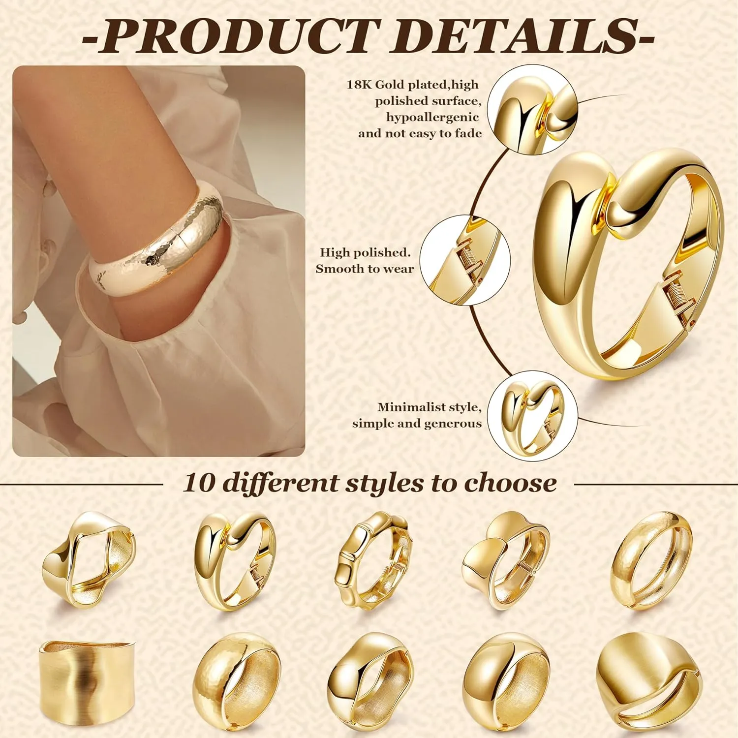 18K Gold Plated Wide Chunky Gold Bangle Bracelets for Women Cuff Wrap Bangle Bracelets Minimalist Open Hammered Irregular Wrist Bracelets