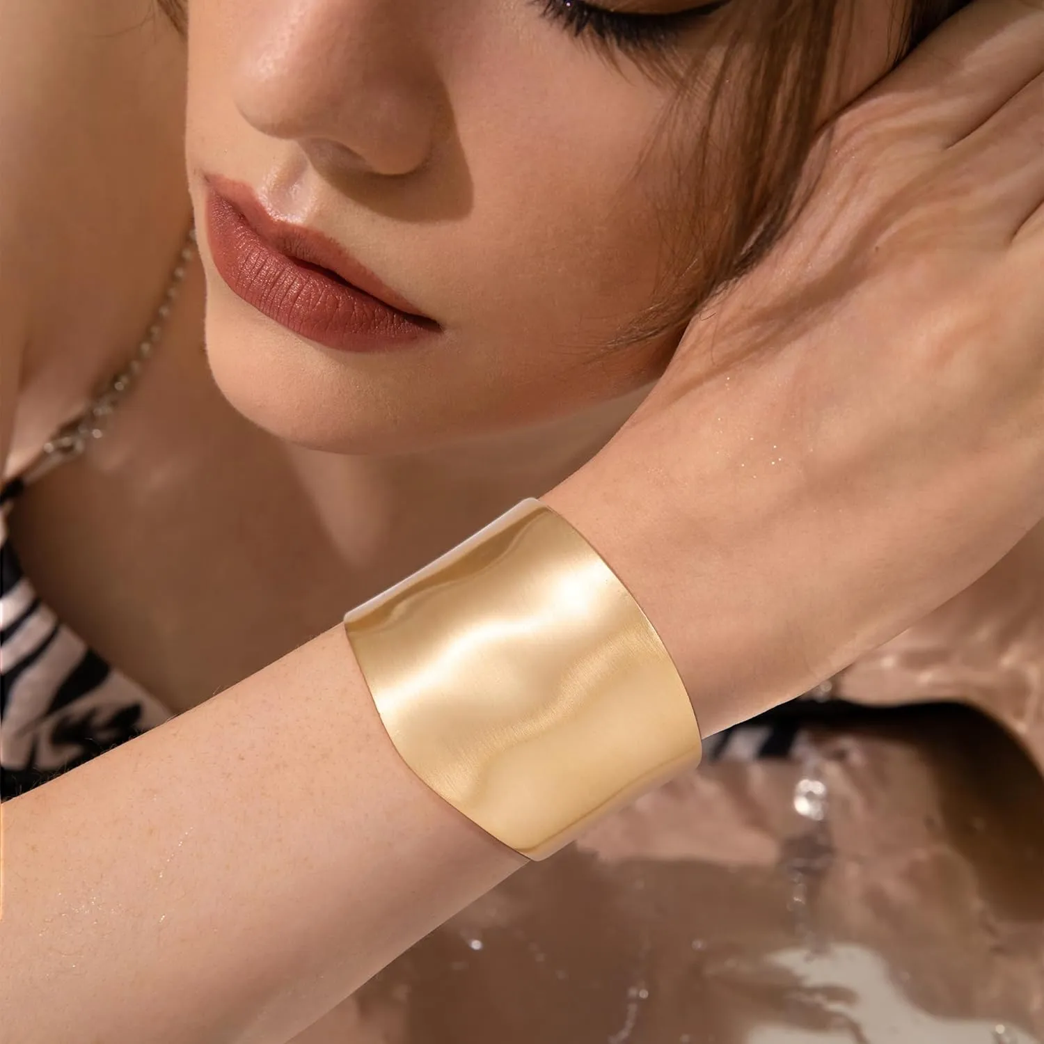 18K Gold Plated Wide Chunky Gold Bangle Bracelets for Women Cuff Wrap Bangle Bracelets Minimalist Open Hammered Irregular Wrist Bracelets