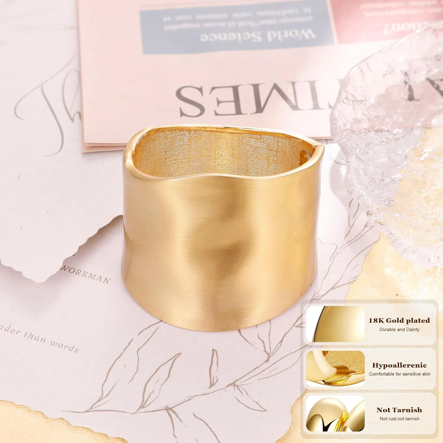 18K Gold Plated Wide Chunky Gold Bangle Bracelets for Women Cuff Wrap Bangle Bracelets Minimalist Open Hammered Irregular Wrist Bracelets