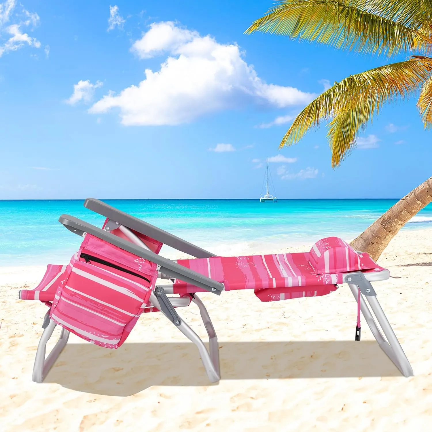 2-Pack Folding Beach Chairs, Outdoor Patio Lawn Lounger with 5 Adjustable Position, Cooler Pouch, Headrest & Accessories, Portable Camping Chairs for Outdoor Relaxation (1, Pink Stripe)