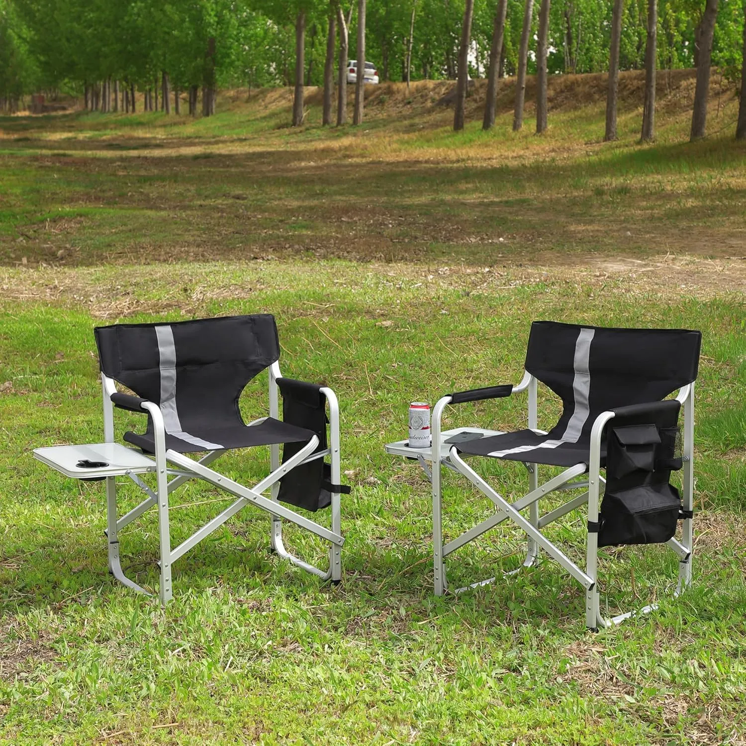 2-Pack Heavy-Duty Folding Outdoor Chairs with Side Tables  400lbs Capacity Oversized Padded Directors-Style Chairs for Camping, Picnics & Fishing (Black  Gray)