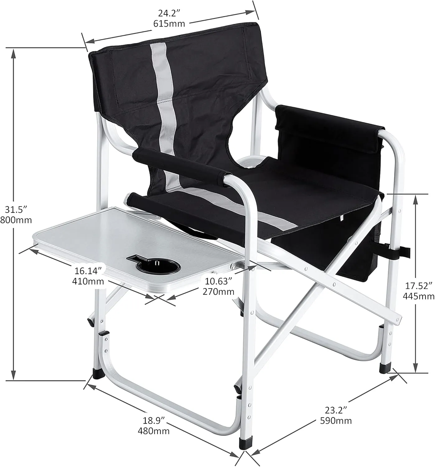 2-Pack Heavy-Duty Folding Outdoor Chairs with Side Tables  400lbs Capacity Oversized Padded Directors-Style Chairs for Camping, Picnics & Fishing (Black  Gray)