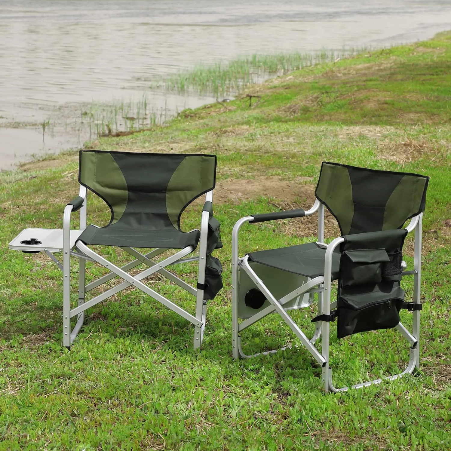2-Pack Heavy-Duty Folding Outdoor Chairs with Side Tables  400lbs Capacity Oversized Padded Directors-Style Chairs for Camping, Picnics & Fishing (Green)