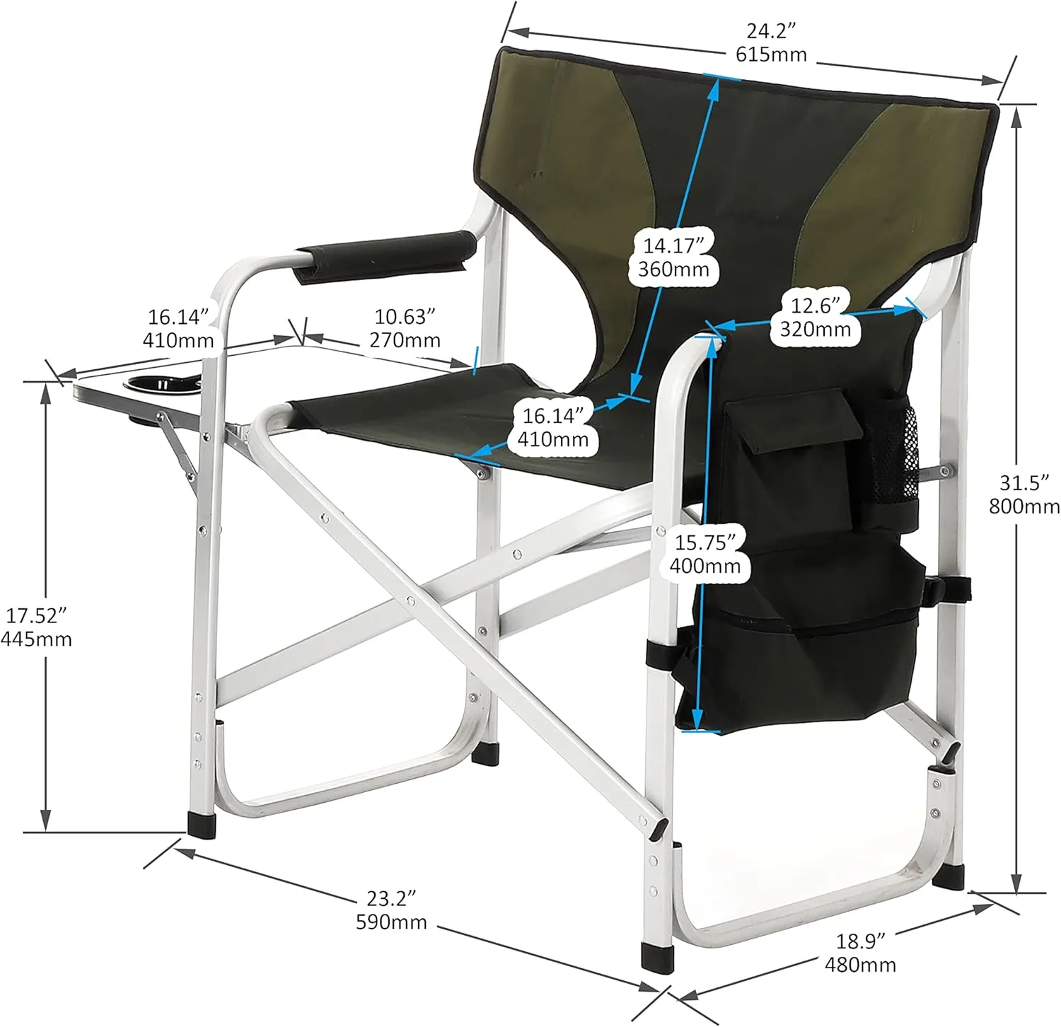 2-Pack Heavy-Duty Folding Outdoor Chairs with Side Tables  400lbs Capacity Oversized Padded Directors-Style Chairs for Camping, Picnics & Fishing (Green)