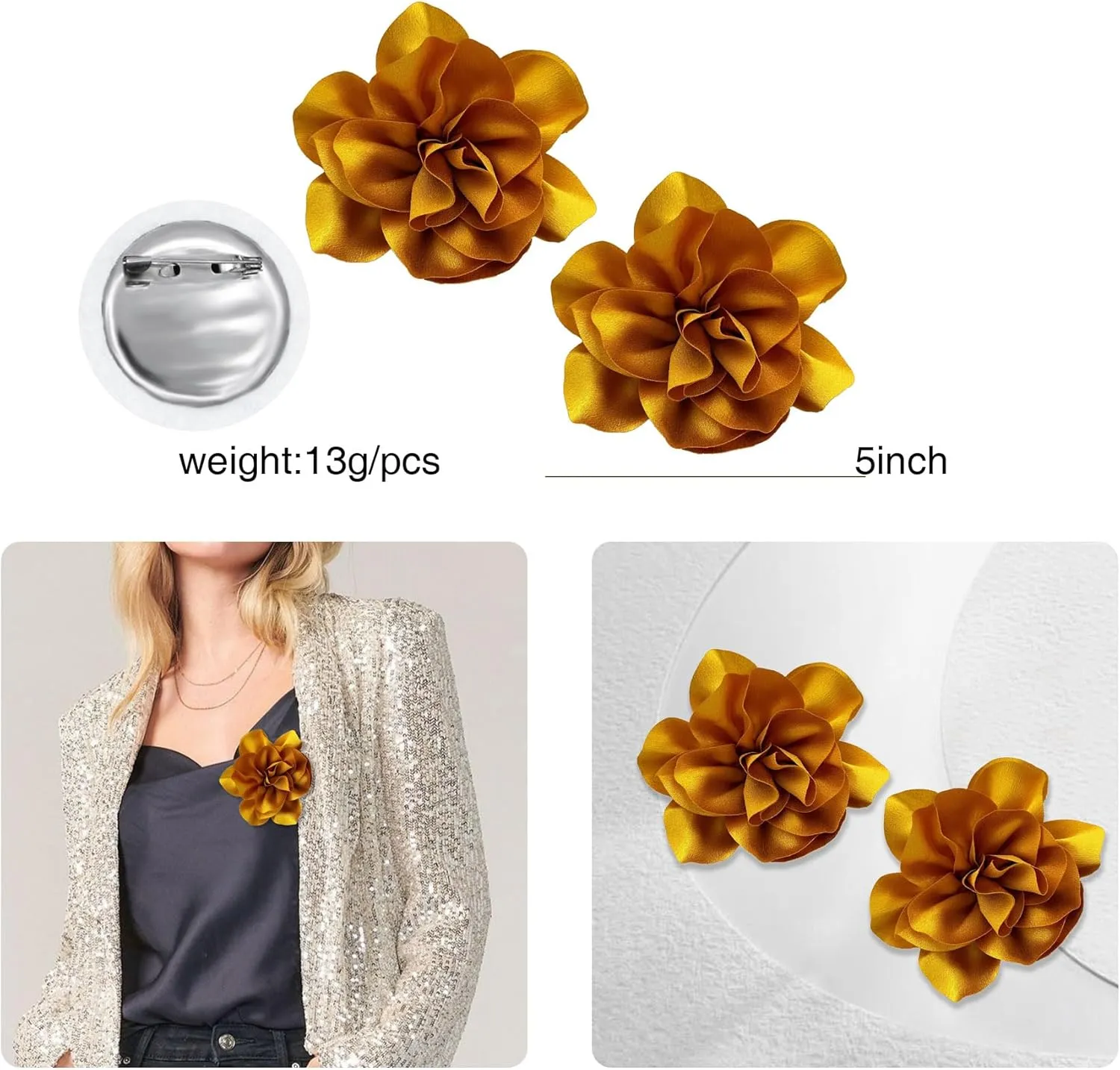2Pcs 5in Dainty Satin Fabric Flower Brooch Extra Large Rose Camellia Flower Brooches Lapel Pins for Women Wedding Party Dance Banquet Clothes Jewelry Accessories