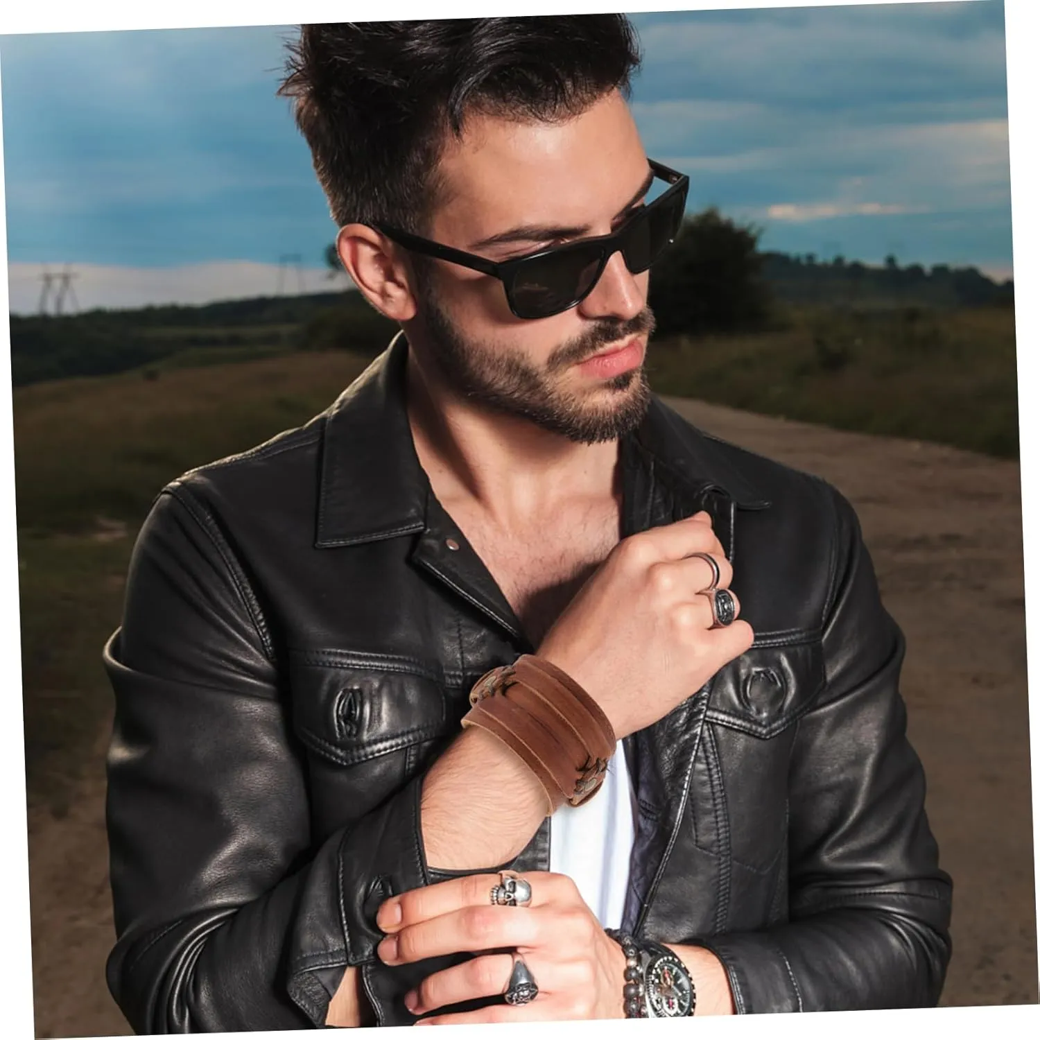 2pcs Punk Wristband Personalized Wristband Wrist Cuff Bracelet Leather Bangle Men Bangles Male Wrist