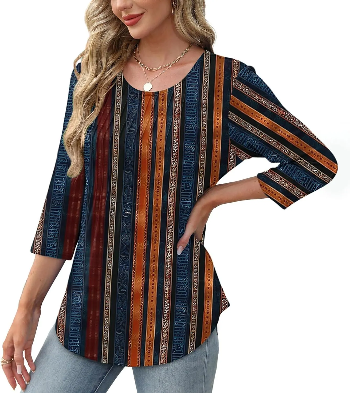 3/4 Length Sleeve Tops for Women Summer Dressy Casual Front Pleated Crewneck Shirts Flowy Tunic Tops Trendy Clothes