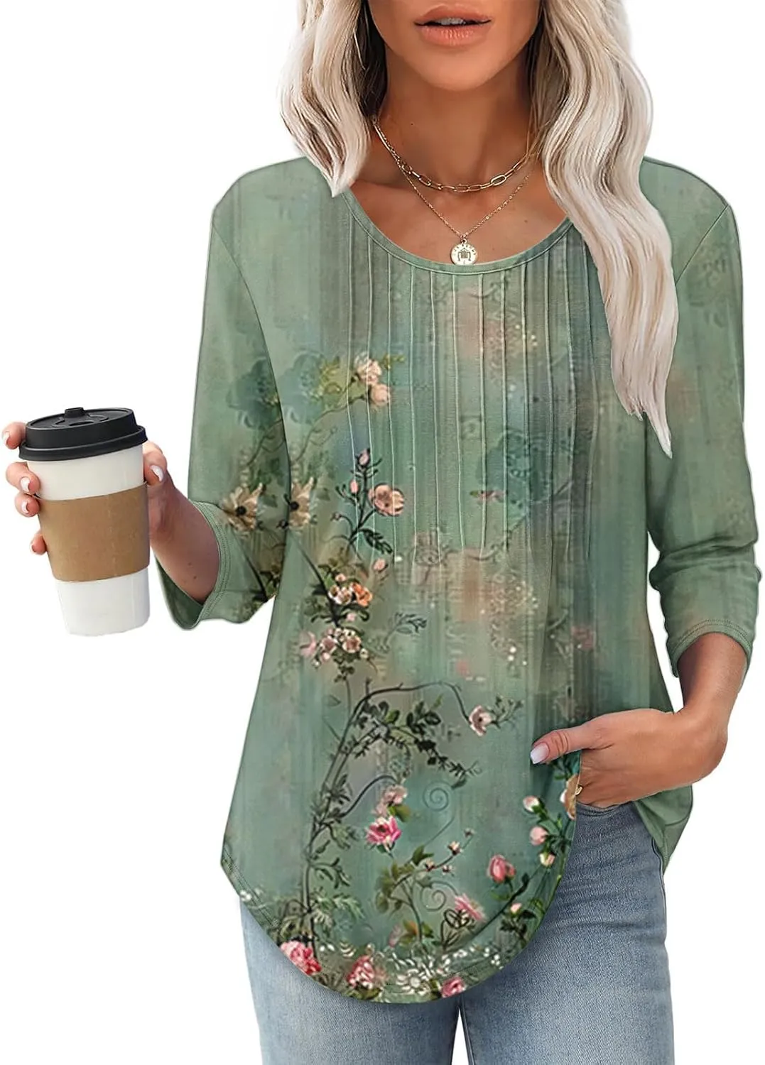 3/4 Length Sleeve Tops for Women Summer Dressy Casual Front Pleated Crewneck Shirts Flowy Tunic Tops Trendy Clothes