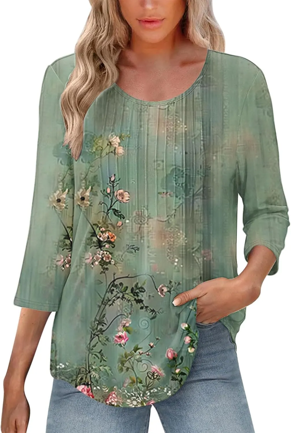 3/4 Length Sleeve Tops for Women Summer Dressy Casual Front Pleated Crewneck Shirts Flowy Tunic Tops Trendy Clothes