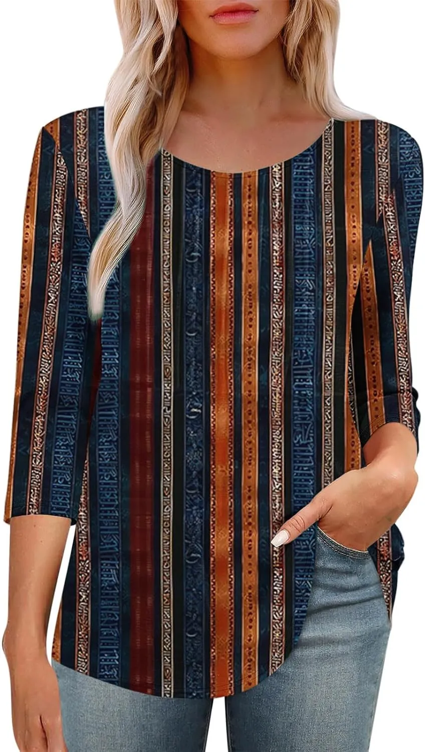 3/4 Length Sleeve Tops for Women Summer Dressy Casual Front Pleated Crewneck Shirts Flowy Tunic Tops Trendy Clothes