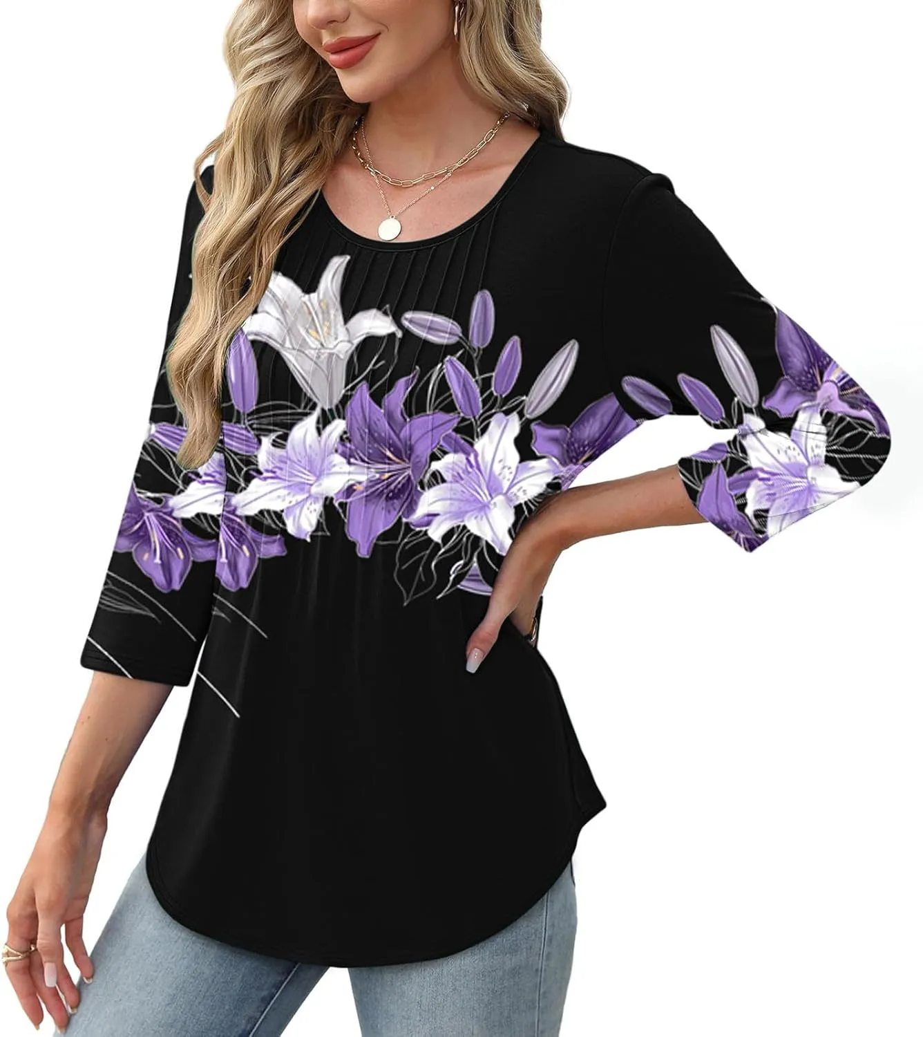 3/4 Length Sleeve Tops for Women Summer Dressy Casual Front Pleated Crewneck Shirts Flowy Tunic Tops Trendy Clothes