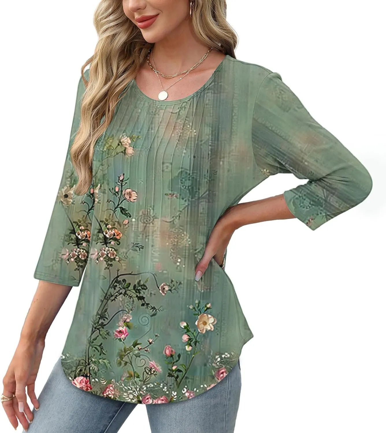 3/4 Length Sleeve Tops for Women Summer Dressy Casual Front Pleated Crewneck Shirts Flowy Tunic Tops Trendy Clothes