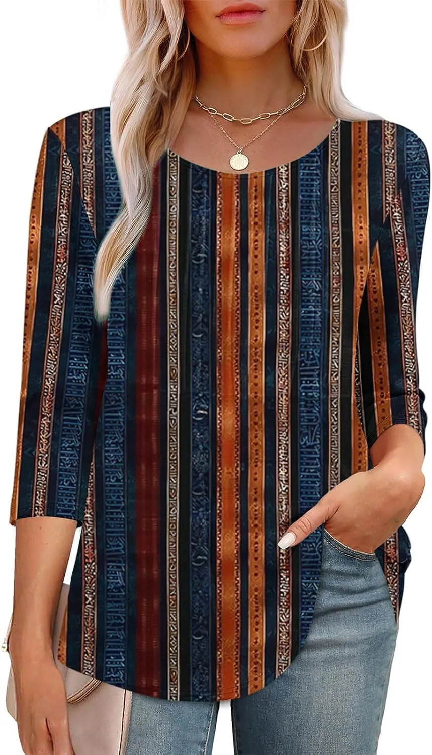 3/4 Length Sleeve Tops for Women Summer Dressy Casual Front Pleated Crewneck Shirts Flowy Tunic Tops Trendy Clothes