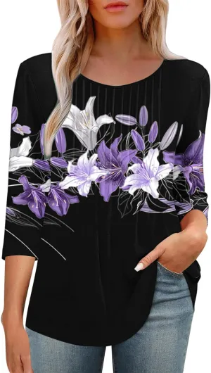 3/4 Length Sleeve Tops for Women Summer Dressy Casual Front Pleated Crewneck Shirts Flowy Tunic Tops Trendy Clothes