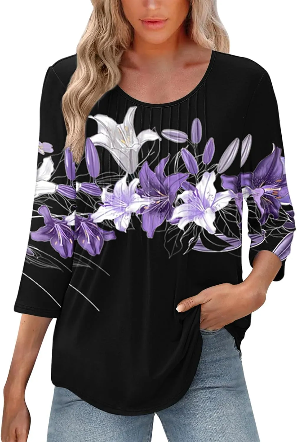 3/4 Length Sleeve Tops for Women Summer Dressy Casual Front Pleated Crewneck Shirts Flowy Tunic Tops Trendy Clothes