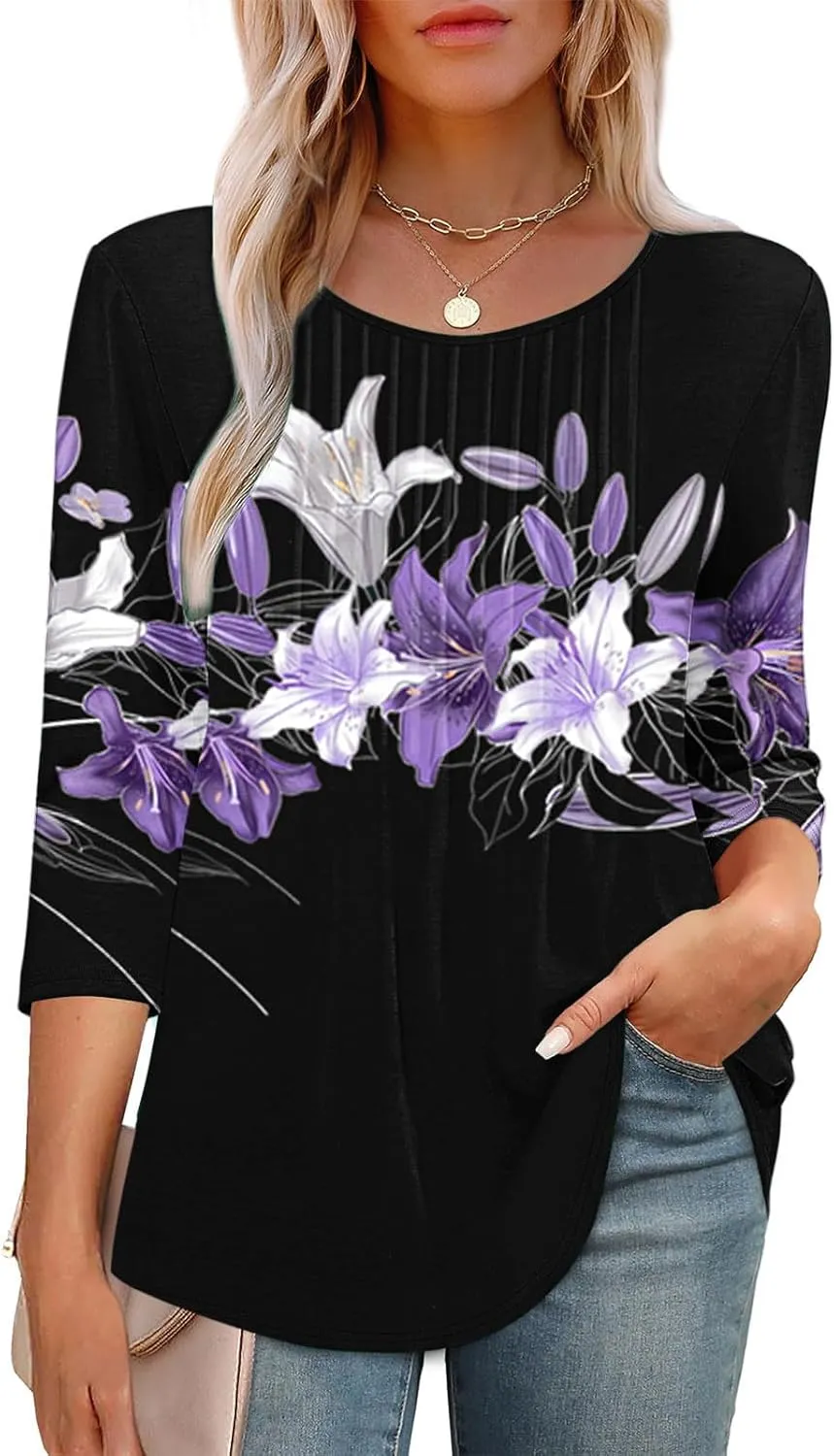 3/4 Length Sleeve Tops for Women Summer Dressy Casual Front Pleated Crewneck Shirts Flowy Tunic Tops Trendy Clothes