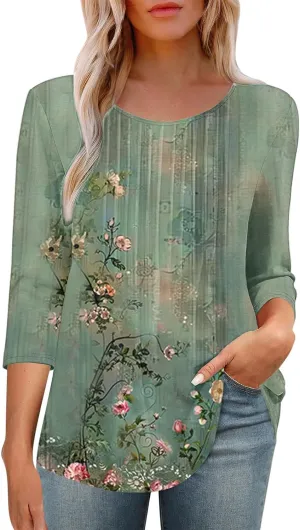 3/4 Length Sleeve Tops for Women Summer Dressy Casual Front Pleated Crewneck Shirts Flowy Tunic Tops Trendy Clothes