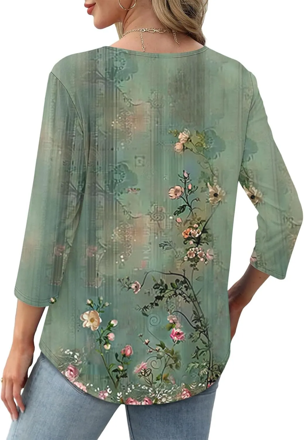 3/4 Length Sleeve Tops for Women Summer Dressy Casual Front Pleated Crewneck Shirts Flowy Tunic Tops Trendy Clothes