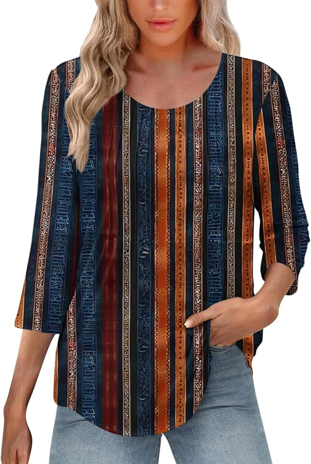 3/4 Length Sleeve Tops for Women Summer Dressy Casual Front Pleated Crewneck Shirts Flowy Tunic Tops Trendy Clothes