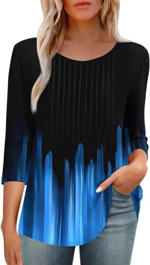 3/4 Length Sleeve Tops for Women Summer Dressy Casual Front Pleated Crewneck Shirts Flowy Tunic Tops Trendy Clothes