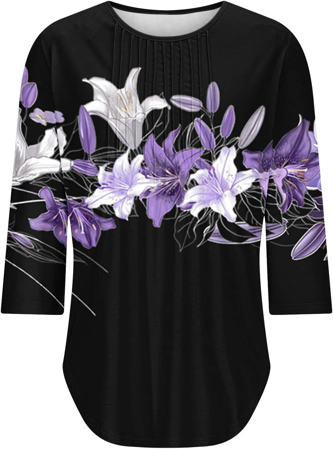 3/4 Length Sleeve Tops for Women Summer Dressy Casual Front Pleated Crewneck Shirts Flowy Tunic Tops Trendy Clothes