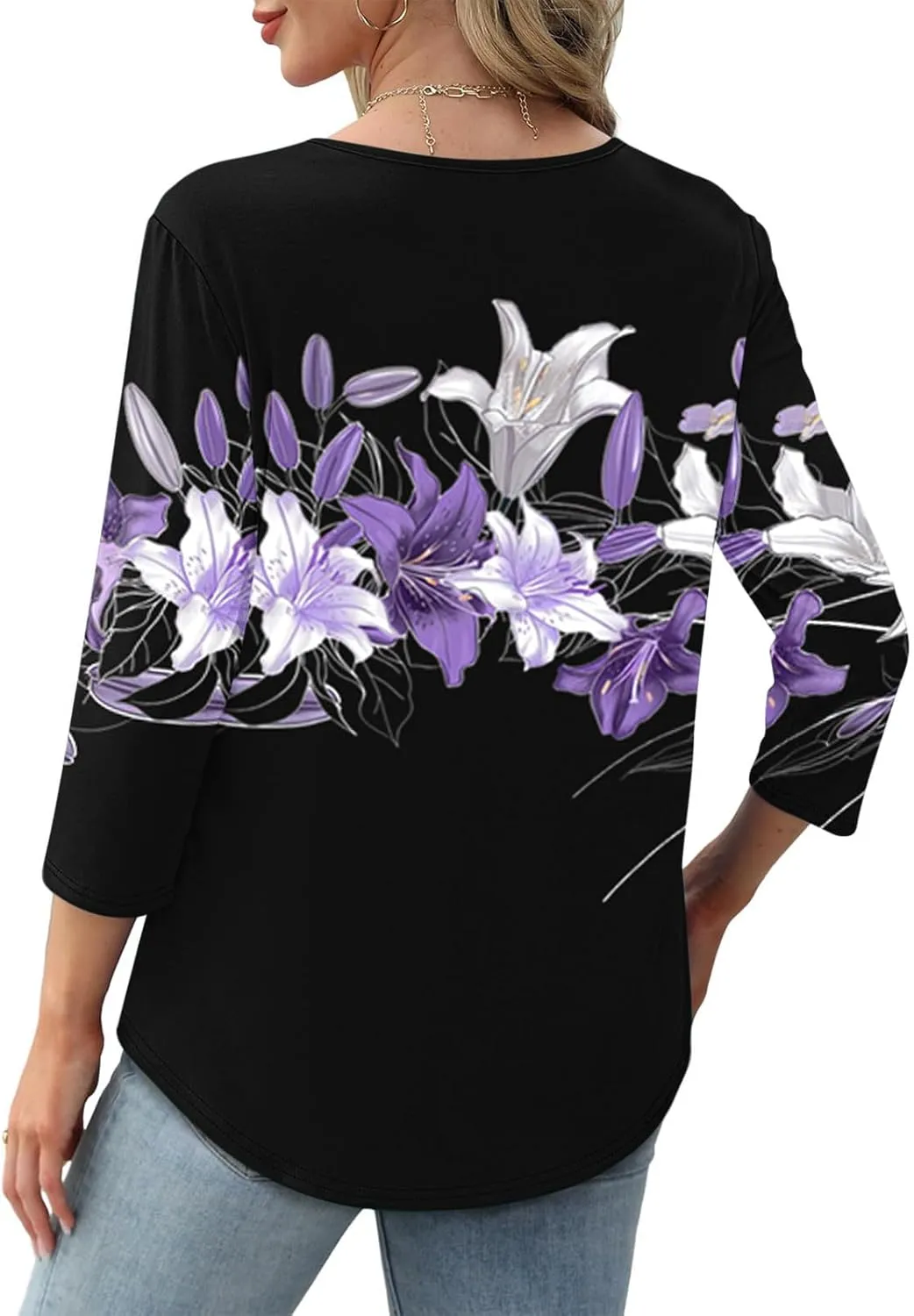 3/4 Length Sleeve Tops for Women Summer Dressy Casual Front Pleated Crewneck Shirts Flowy Tunic Tops Trendy Clothes