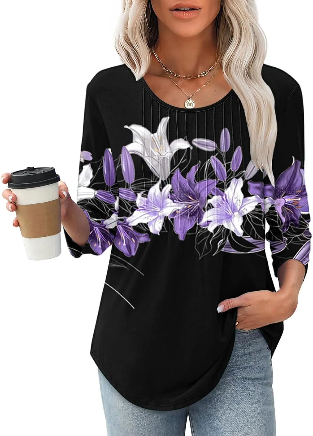 3/4 Length Sleeve Tops for Women Summer Dressy Casual Front Pleated Crewneck Shirts Flowy Tunic Tops Trendy Clothes