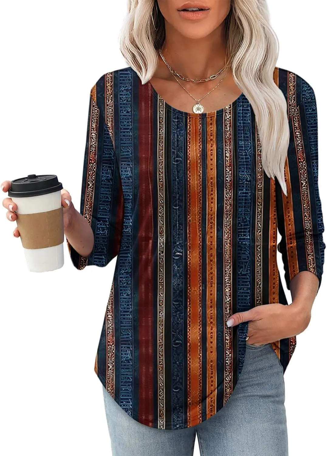 3/4 Length Sleeve Tops for Women Summer Dressy Casual Front Pleated Crewneck Shirts Flowy Tunic Tops Trendy Clothes