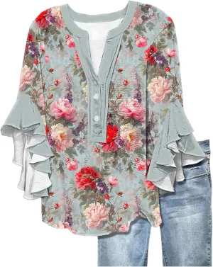 3/4 Length Sleeve Women Tops V Neck Ruffle Shirts Casual Summer Floral Boho Blouses Plus Size Spring Clothes