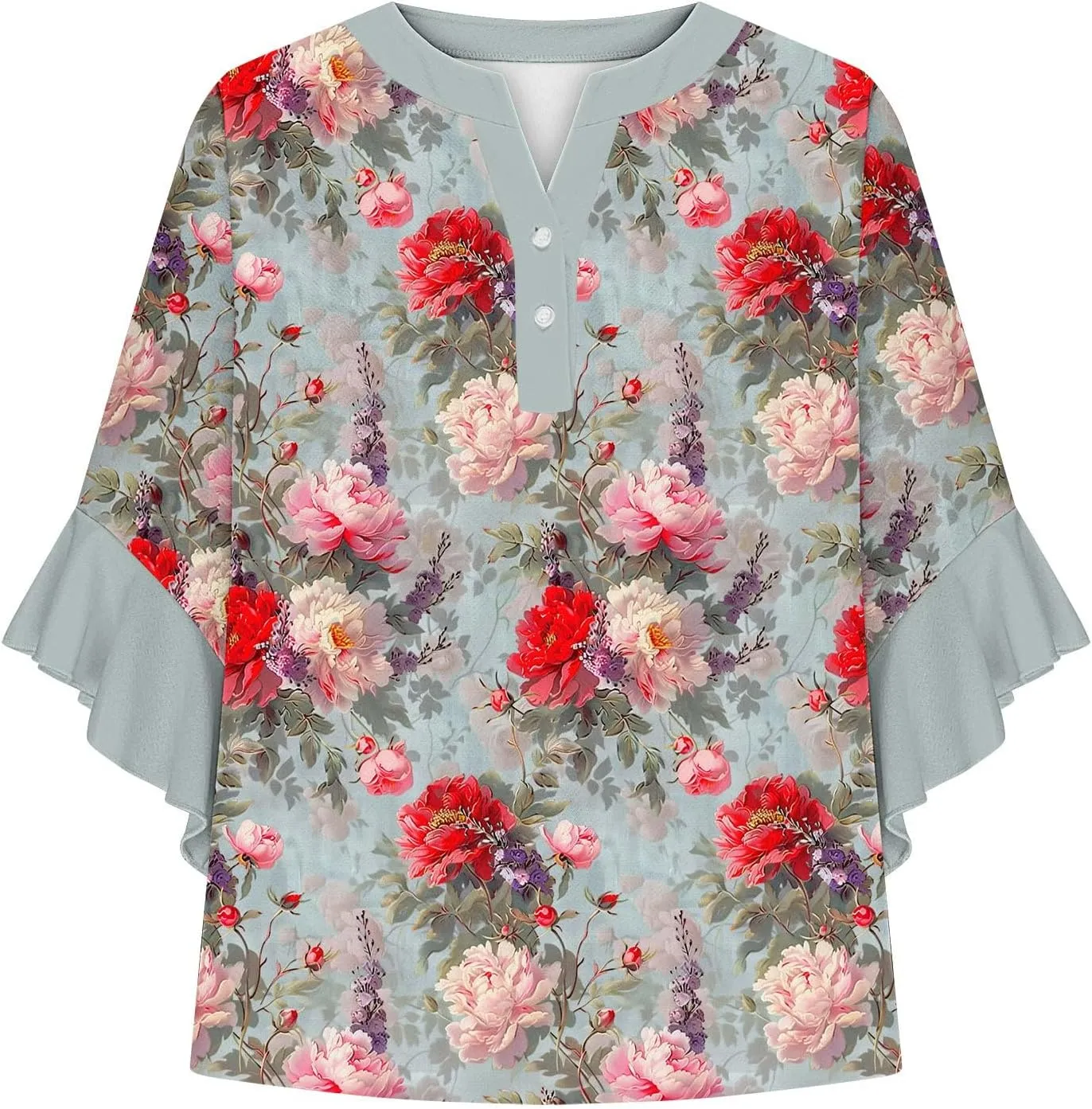 3/4 Length Sleeve Women Tops V Neck Ruffle Shirts Casual Summer Floral Boho Blouses Plus Size Spring Clothes