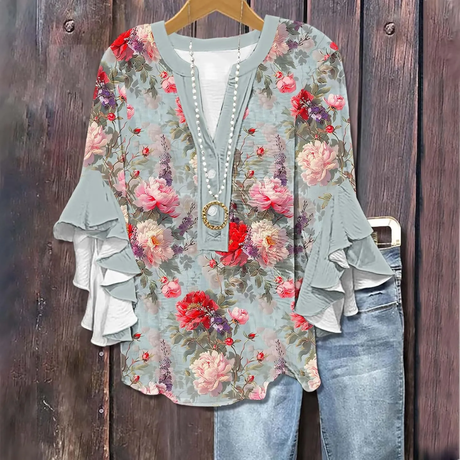 3/4 Length Sleeve Women Tops V Neck Ruffle Shirts Casual Summer Floral Boho Blouses Plus Size Spring Clothes