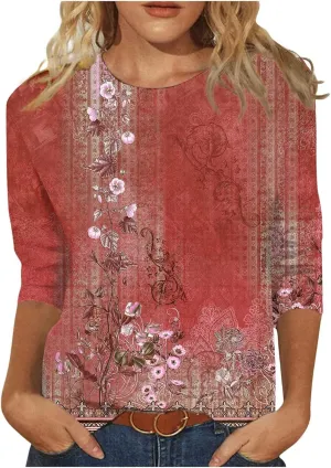 3/4 Length Sleeve Womens Tops Crewneck Floral Graphic Plus Size Shirts Three Quarter Loose Casual Dressy Blouses