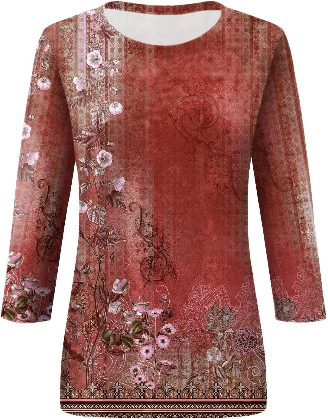 3/4 Length Sleeve Womens Tops Crewneck Floral Graphic Plus Size Shirts Three Quarter Loose Casual Dressy Blouses