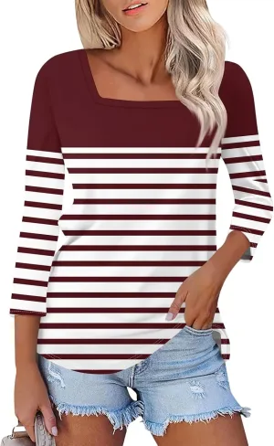 3/4 Length Sleeve Womens Tops,Basic Striped Tshirts Shirts Summer 2024 Gym Blouse Plus Size Athletic Tunic Top