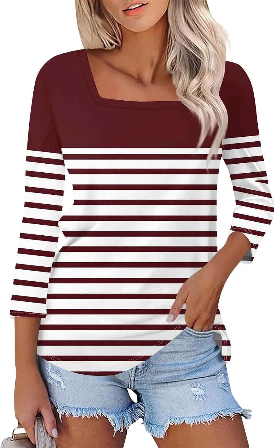 3/4 Length Sleeve Womens Tops,Basic Striped Tshirts Shirts Summer 2024 Gym Blouse Plus Size Athletic Tunic Top