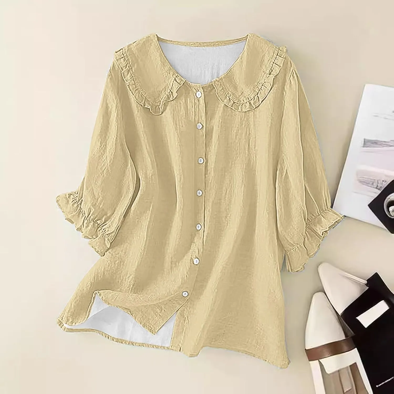 3/4 Sleeve Linen Shirts for Women Cotton Linen Button Ruffled Tshirt 2025 Summer Loose Stand Collar Casual Boho Tops