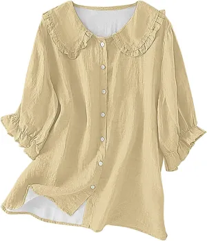 3/4 Sleeve Linen Shirts for Women Cotton Linen Button Ruffled Tshirt 2025 Summer Loose Stand Collar Casual Boho Tops