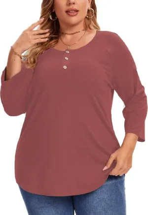 3/4 Sleeve Shirts for Women Plus Size Casual V Neck Blouses Color Block Henley Shirts