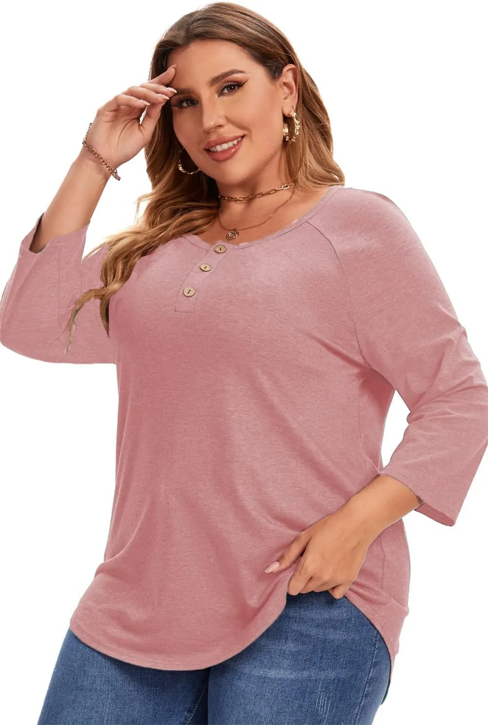 3/4 Sleeve Shirts for Women Plus Size Casual V Neck Blouses Color Block Henley Shirts