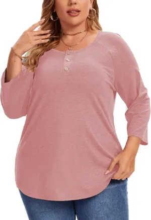 3/4 Sleeve Shirts for Women Plus Size Casual V Neck Blouses Color Block Henley Shirts