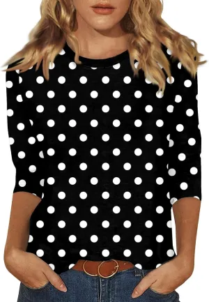 3/4 Sleeve Shirts for Women Spring Striped Crewneck Business Casual Tops Loose Three Quarter Length Work Blouses