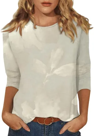 3/4 Sleeve Shirts for Women Spring Striped Crewneck Business Casual Tops Loose Three Quarter Length Work Blouses