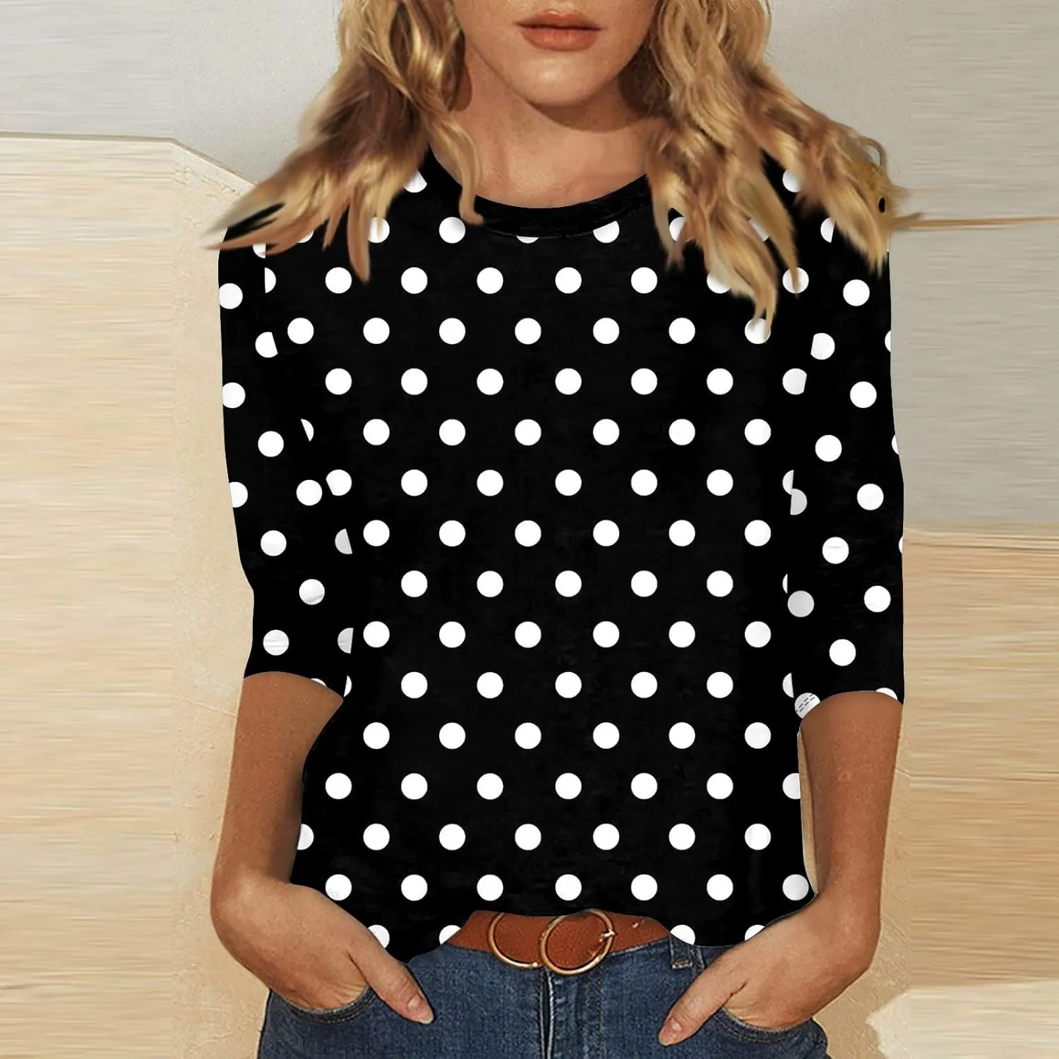 3/4 Sleeve Shirts for Women Spring Striped Crewneck Business Casual Tops Loose Three Quarter Length Work Blouses