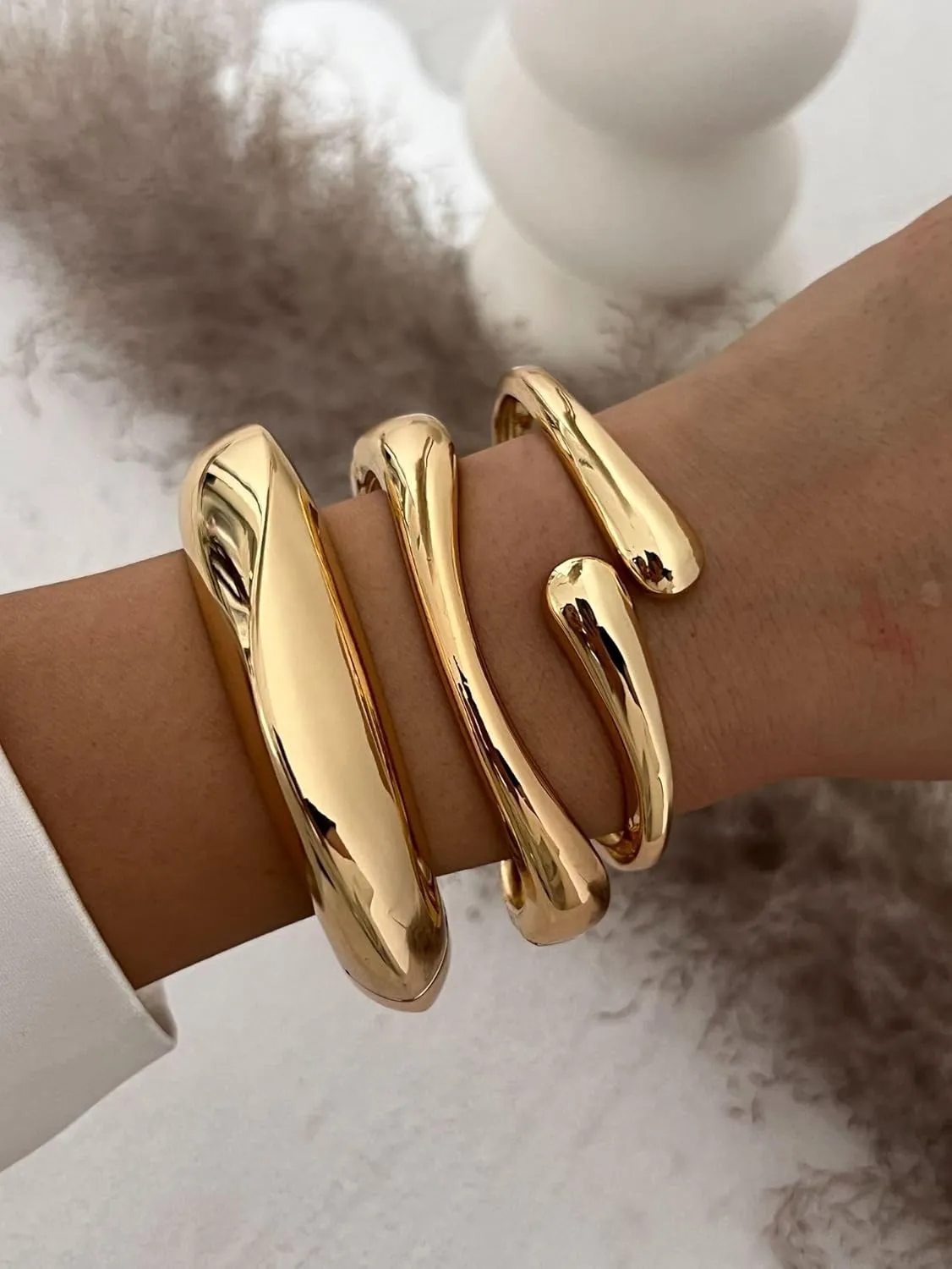 3Pcs Big Chunky Gold Bangle for Women Gold|Silver Plated Cuff Wide Bracelet Trendy Teardrop Wire Irregular Minimalist Jewelry