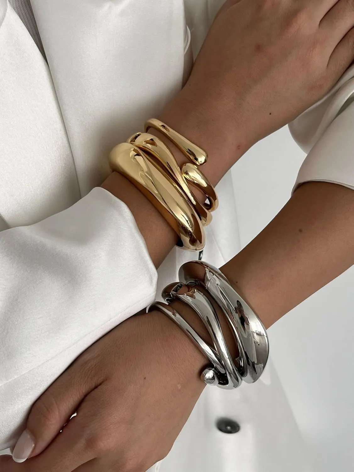 3Pcs Big Chunky Gold Bangle for Women Gold|Silver Plated Cuff Wide Bracelet Trendy Teardrop Wire Irregular Minimalist Jewelry