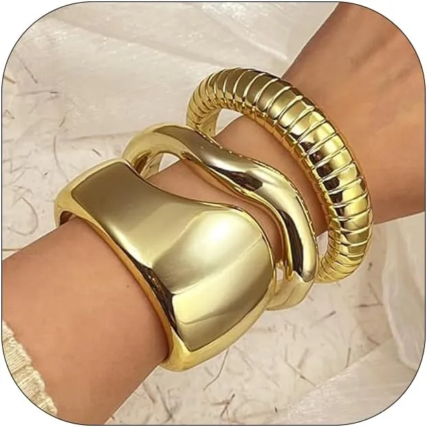 3PCS Chunky Gold Cuff Bangle Bracelets For Women Trendy Irregula Open Bangle Bracelets Set Gold Statement Minimalist Jewelry for Women