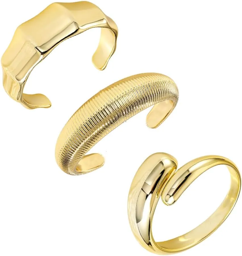 3PCS Chunky Gold Cuff Bangle Bracelets For Women Trendy Irregula Open Bangle Bracelets Set Gold Statement Minimalist Jewelry for Women